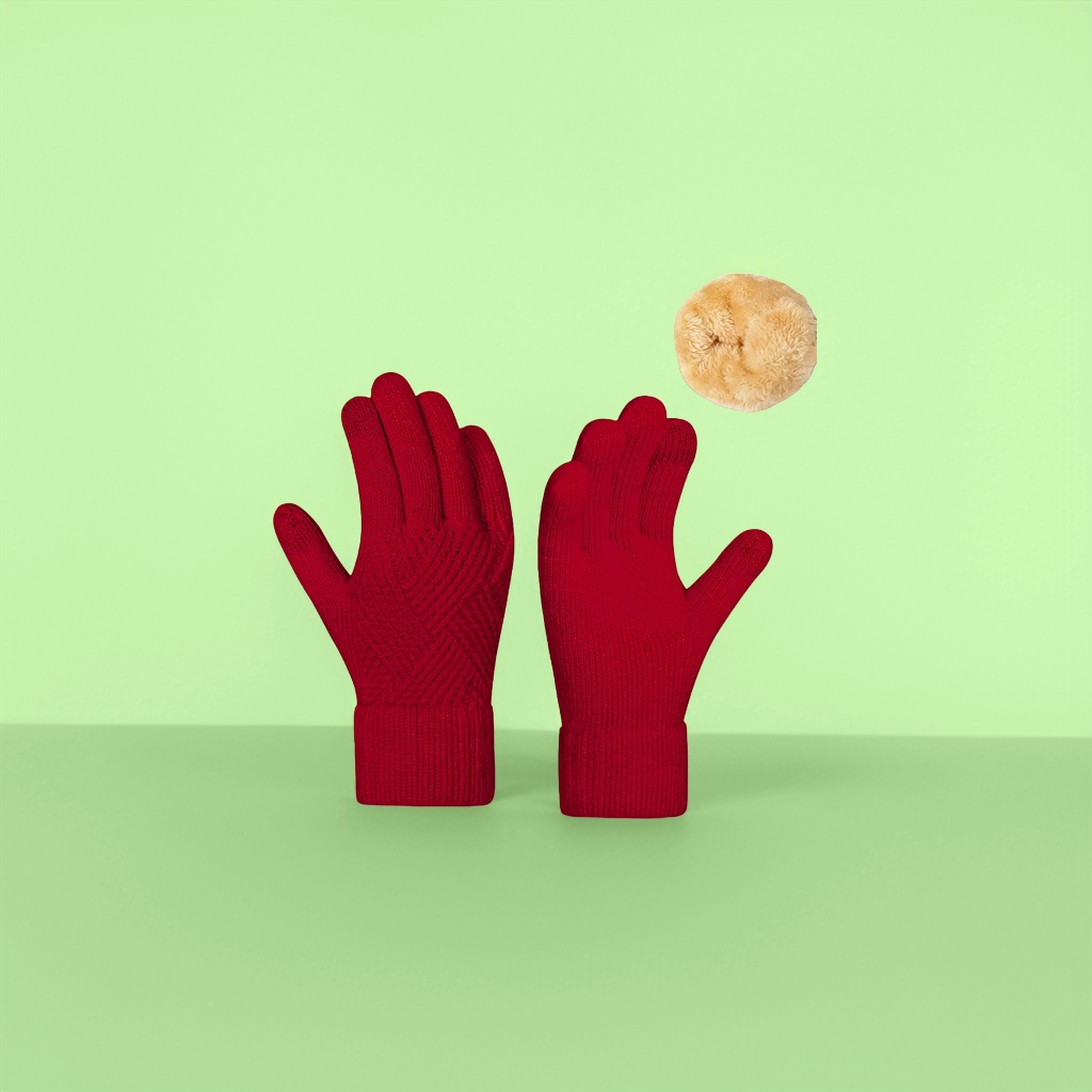Red knitted gloves for women, warm and anti-slip woolen gloves, thickened for autumn and winter