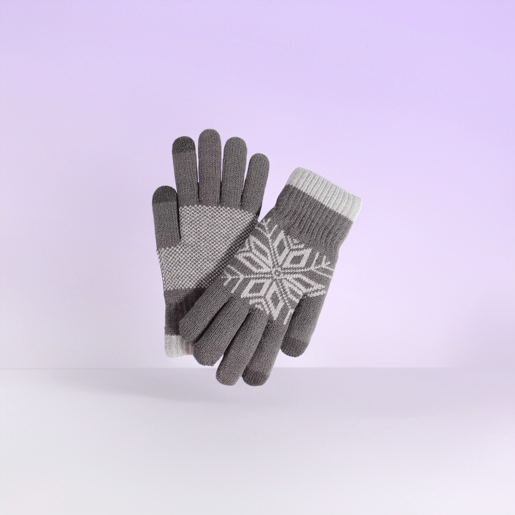 Grey snowflake patterned knitted warm gloves details Picture