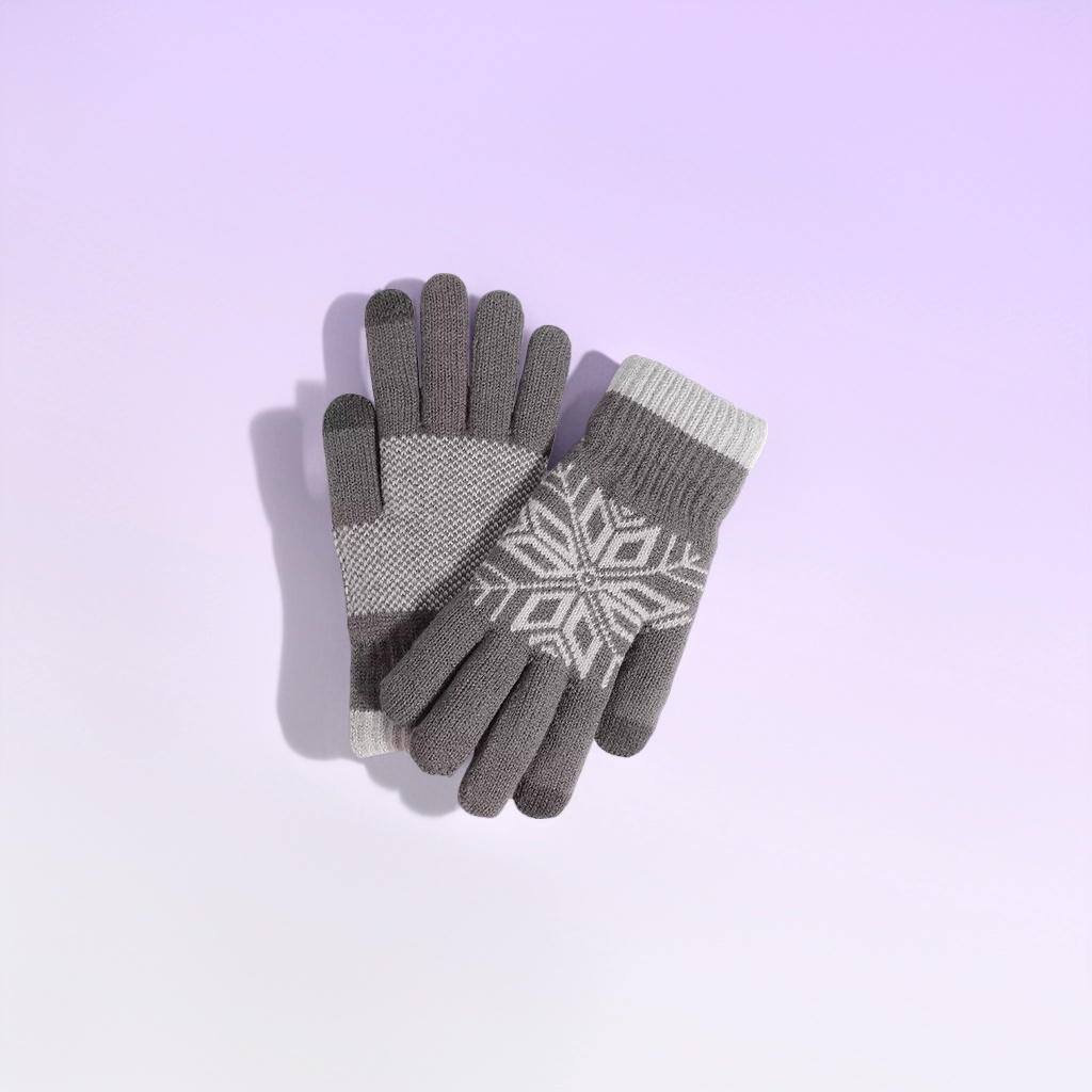 Grey snowflake patterned knitted warm gloves