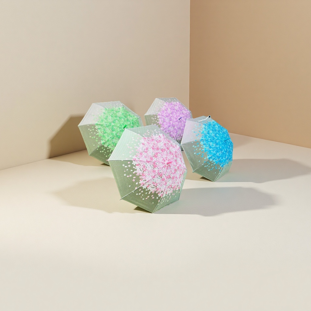 A set of transparent umbrellas with colorful cherry blossom patterns, waterproof, sun-proof, lightweight and foldable, suitable for both sunny and rainy days Application Scenario