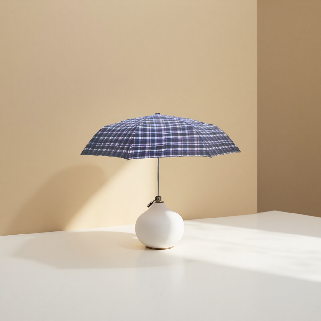Blue and white checkered folding umbrella for both weather and rain, portable sun protection, rain protection and sunshade details Picture