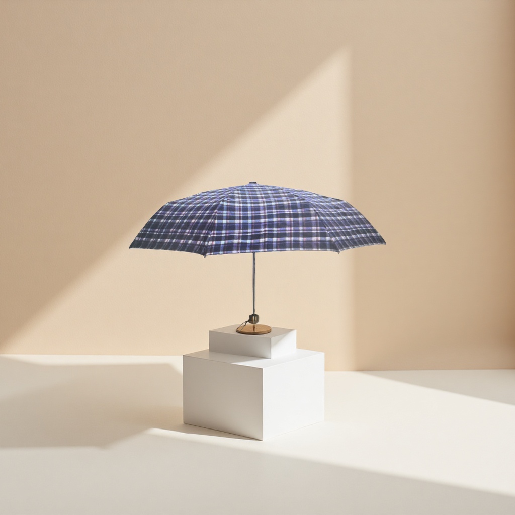 Blue and white checkered folding umbrella for both weather and rain, portable sun protection, rain protection and sunshade Application Scenario