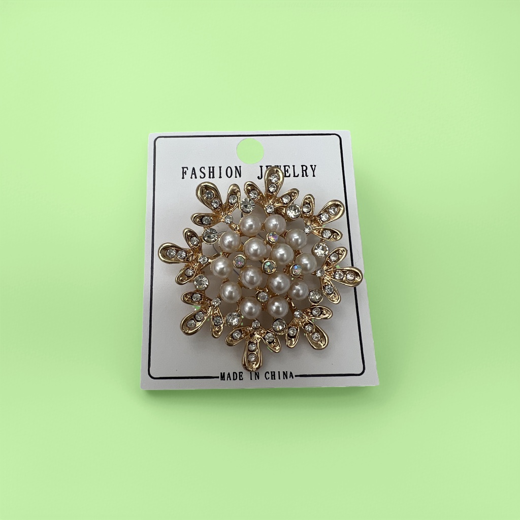 金色雪花造型胸针 镶嵌珍珠水钻 附白色FASHION JEWELRY标签