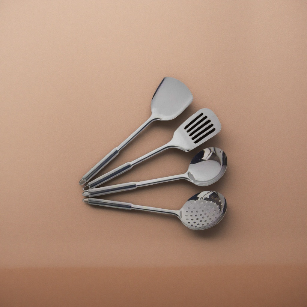 Silver kitchenware set: spatula, strainer, soup spoon, regular spoon four-piece set details Picture