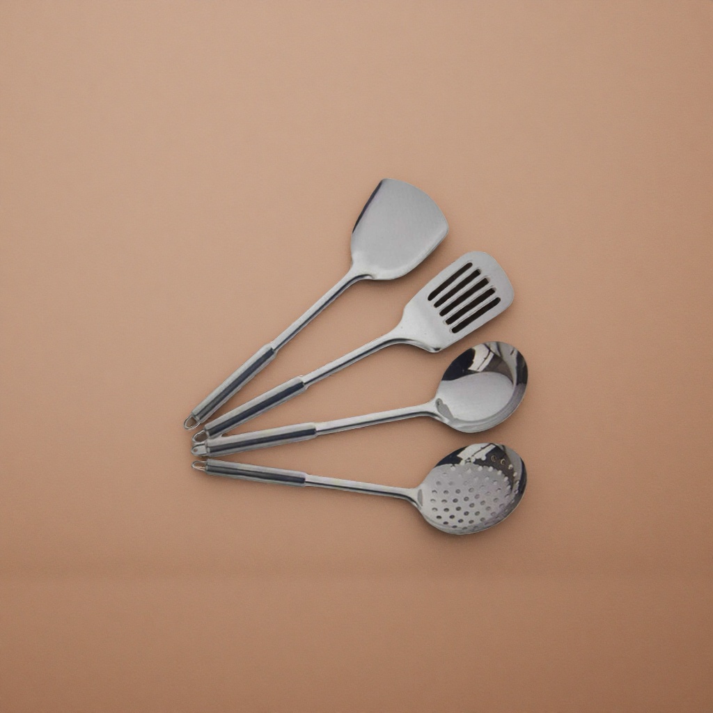 Silver kitchenware set: spatula, strainer, soup spoon, regular spoon four-piece set Specification image