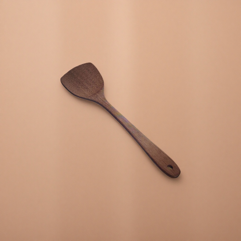 Brown wooden spatula, a long-handled, heat-resistant and scratch-resistant stir-frying spoon for kitchen use Application Scenario