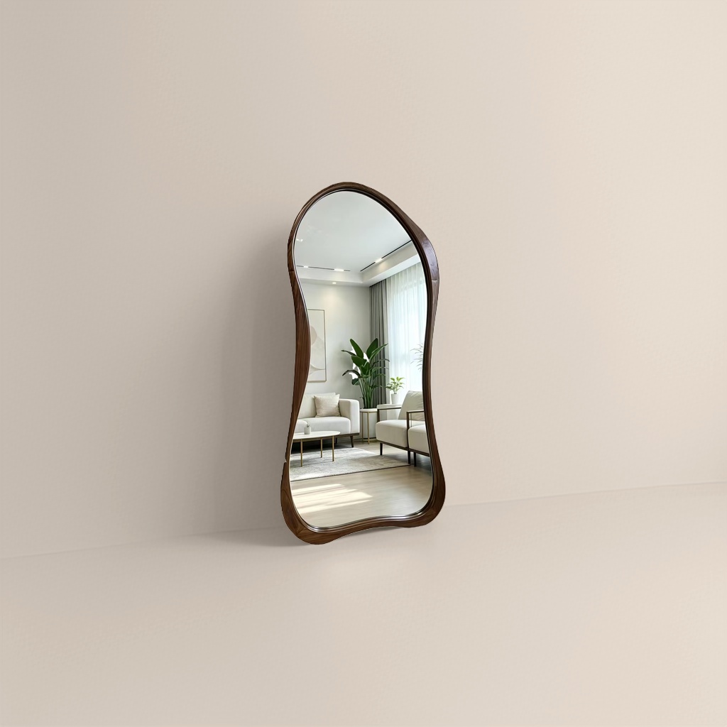 Dark brown wooden wavy frame full-length mirror for wall decoration in the living room and bedroom Specification image