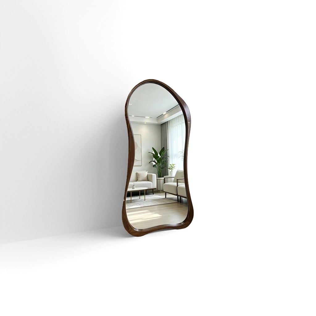 Dark brown wooden wavy frame full-length mirror for wall decoration in the living room and bedroom