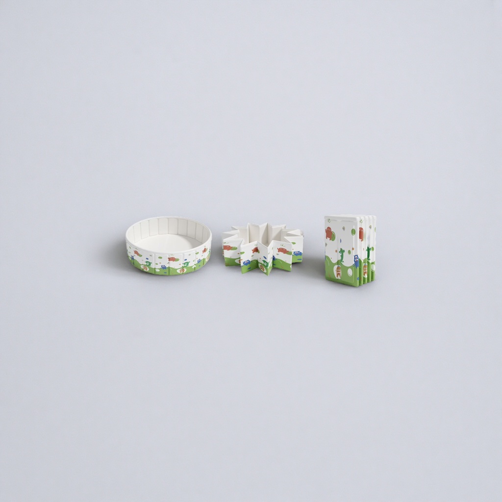 The white folding toy pool with a green bottom edge and colorful cartoon monster patterns can be unfolded in a circular star shape and stored vertically details Picture