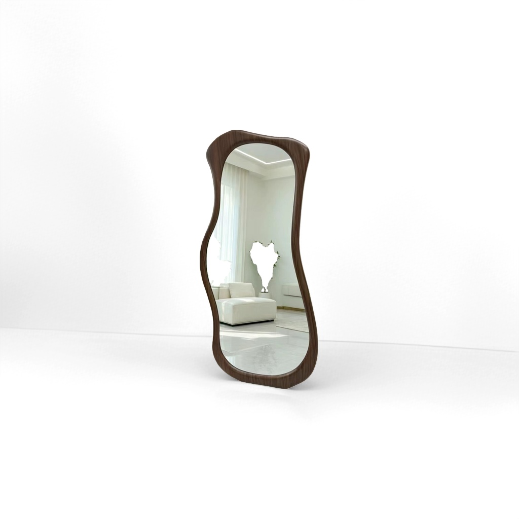 Dark brown wooden wavy floor mirror, full-length mirror, bedroom and living room decorative mirror details Picture