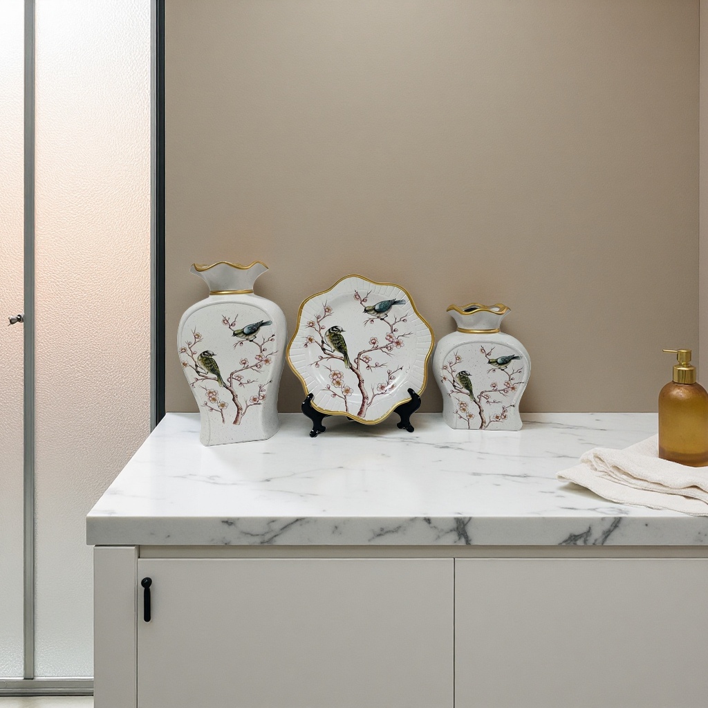 New 2026 white ceramic vase and plate set with bird-dwelling plum branch pattern and golden border ceramic vase Specification image