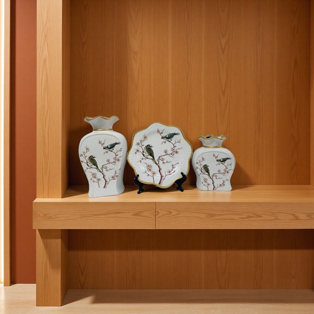 New 2026 white ceramic vase and plate set with bird-dwelling plum branch pattern and golden border ceramic vase Application Scenario