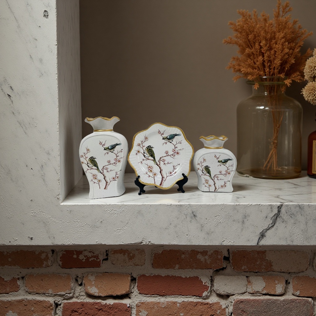 New 2026 white ceramic vase and plate set with bird-dwelling plum branch pattern and golden border ceramic vase details Picture