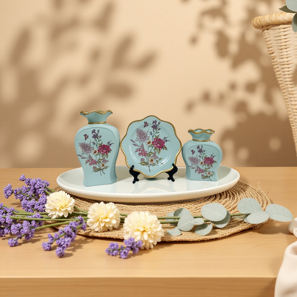 2026 New light cyan floral decorative ceramic Set, vase and plate two-piece set, hotel and home ceramic vase details Picture