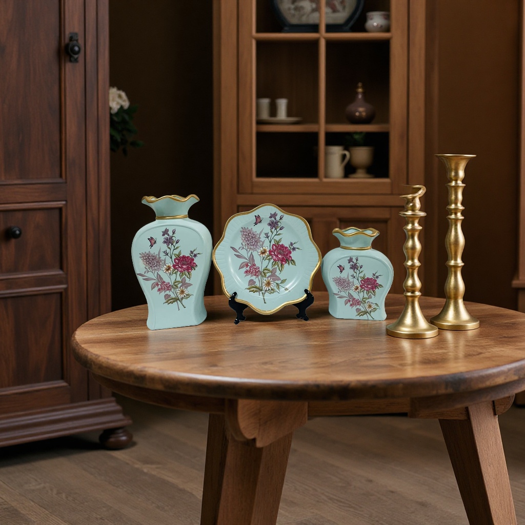 2026 New light cyan floral decorative ceramic Set, vase and plate two-piece set, hotel and home ceramic vase Application Scenario