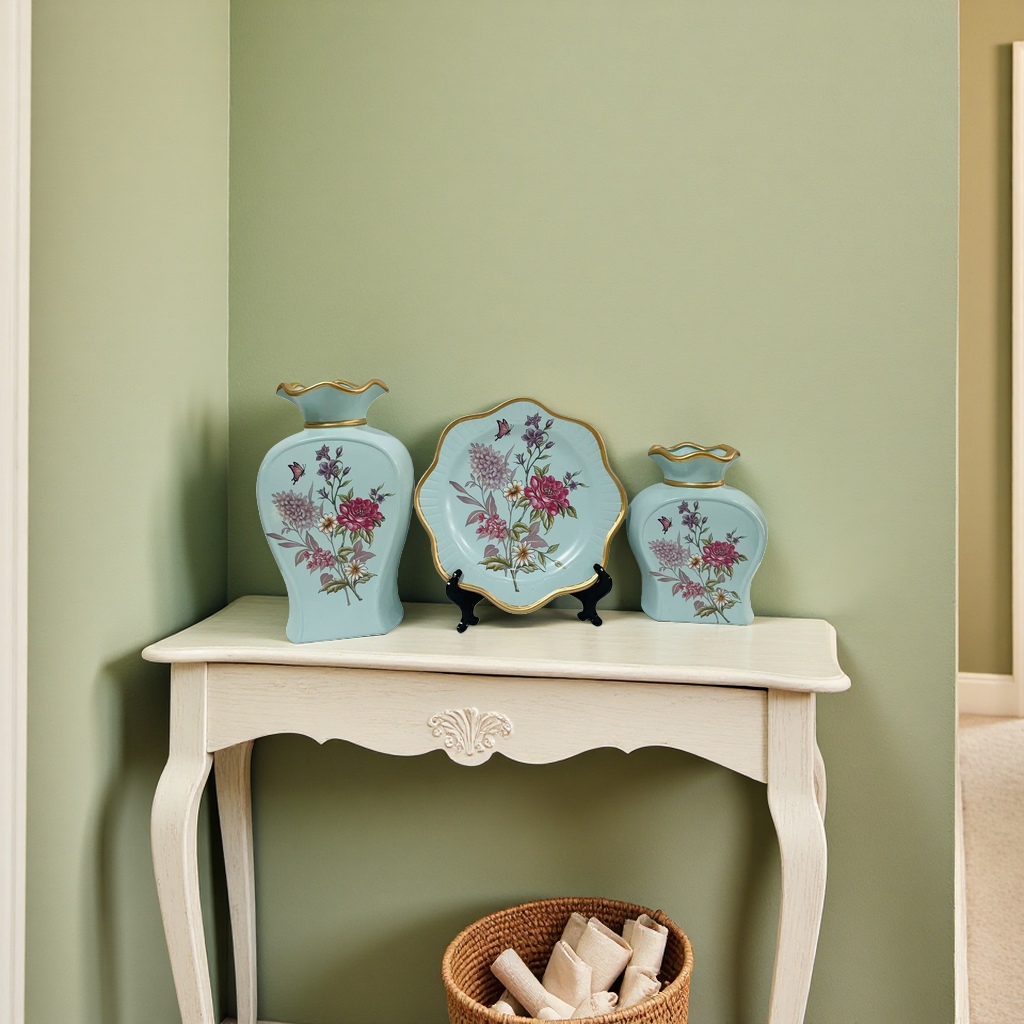 2026 New light cyan floral decorative ceramic Set, vase and plate two-piece set, hotel and home ceramic vase Specification image
