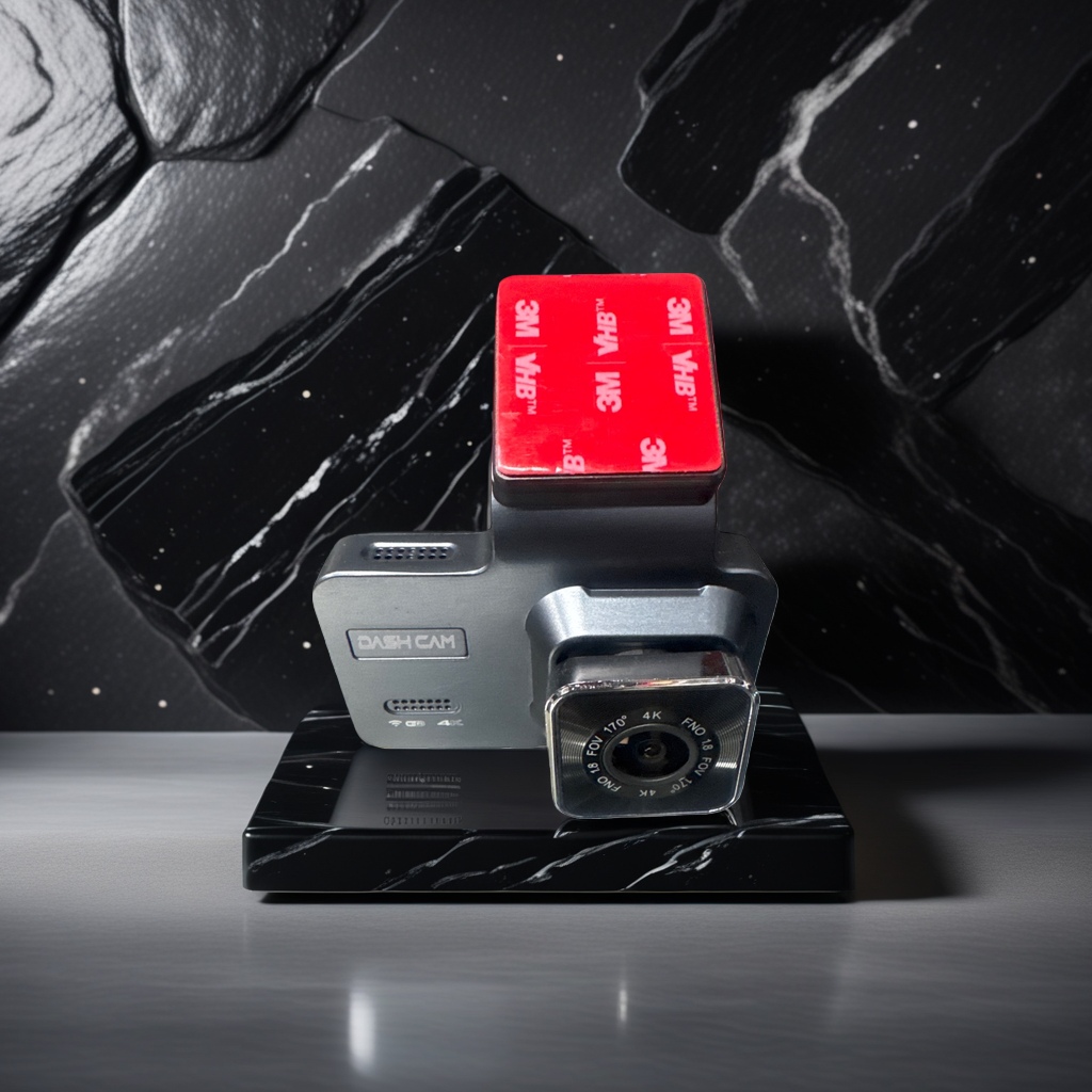 The black dashcam has a red 3M VHB double-sided tape patch on the top Specification image