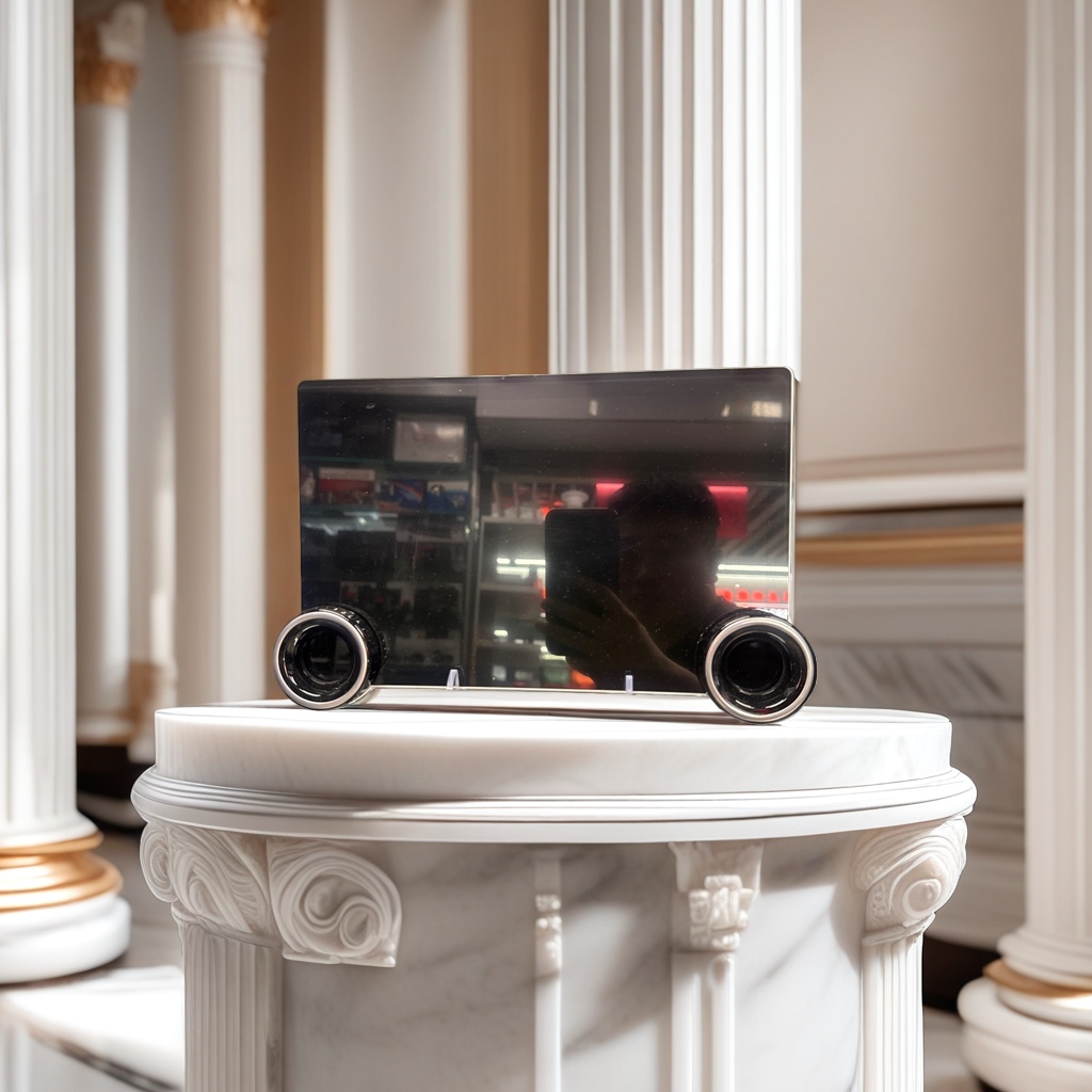 Pantalla negra y altavoces de anillo plateado en ambos lados Specification image