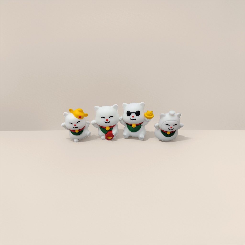 Four white Maneki Neko figurines for home feng shui decoration, living room entrance, table mascots details Picture