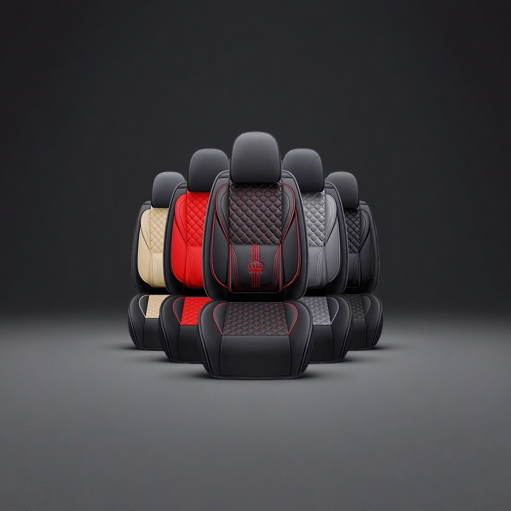 Black main tone, red stitching, five-color diamond-patterned leather car seat covers with crown embroidery