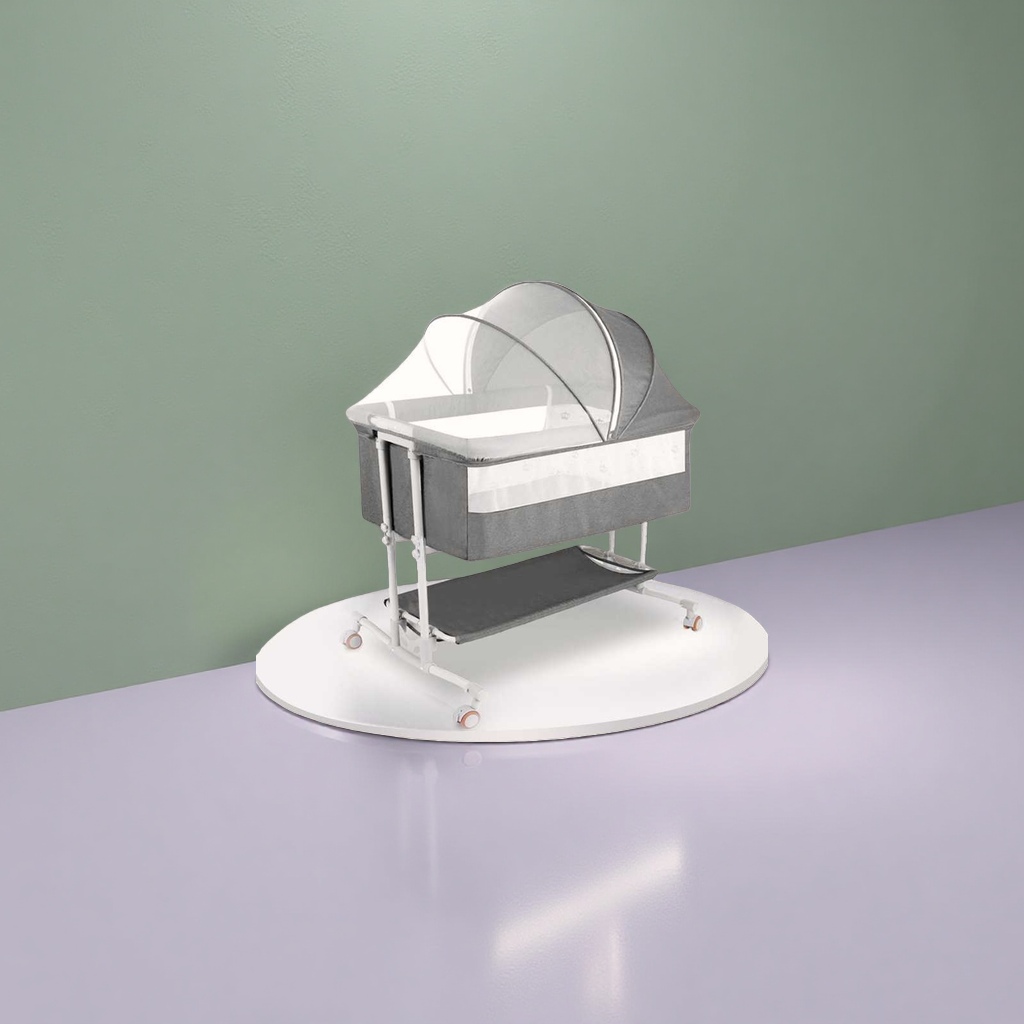 Grey crib with mosquito net, solid wood, environmentally friendly, adjustable guardrail for anti-drop Application Scenario