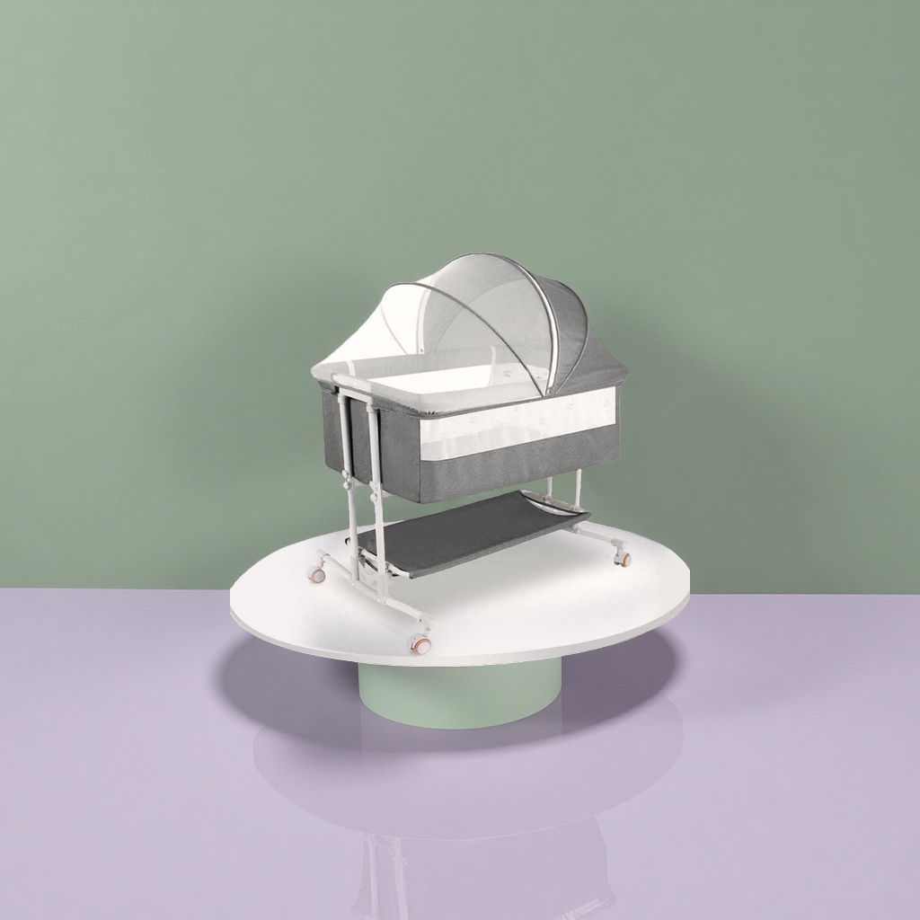 Grey crib with mosquito net, solid wood, environmentally friendly, adjustable guardrail for anti-drop Specification image