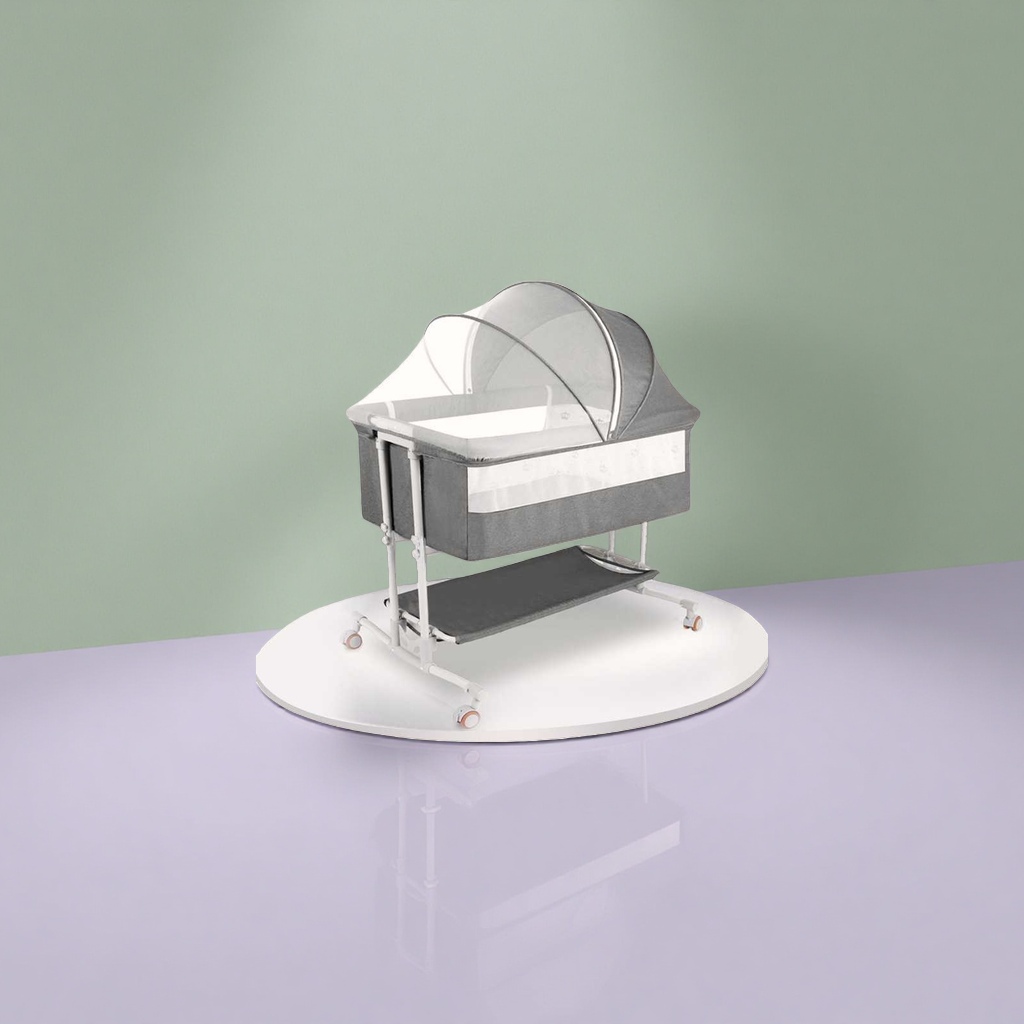 Grey crib with mosquito net, solid wood, environmentally friendly, adjustable guardrail for anti-drop details Picture