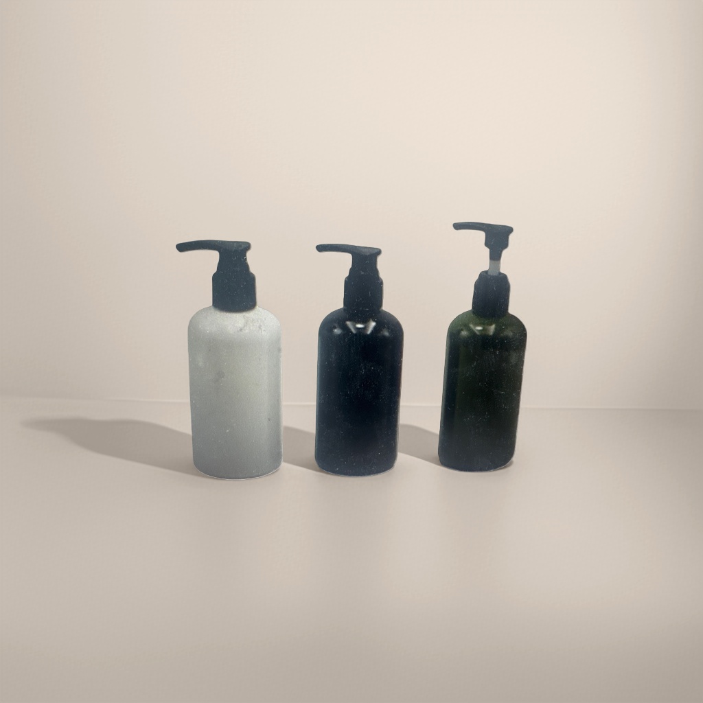 Three-bottle press-type container, with matte white, black and green bottle bodies and black pump heads Specification image