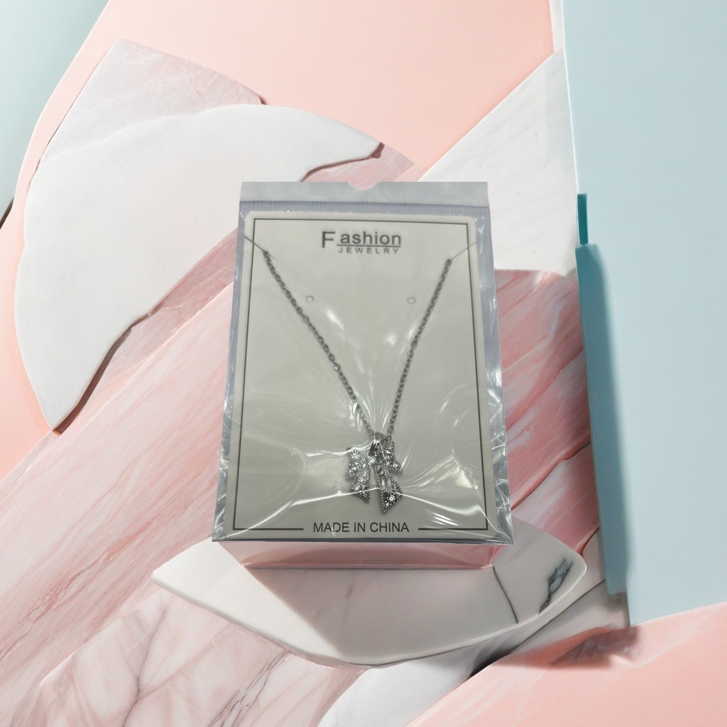 银色蝴蝶结镶钻项链配Fashion JEWELRY白卡透明袋装