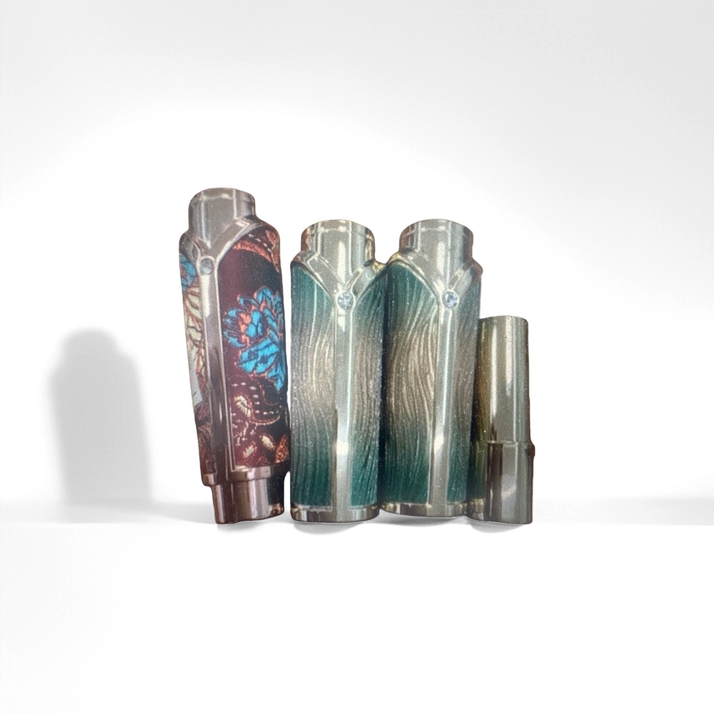 A metal casing lighter with colorful patterns and green stripes