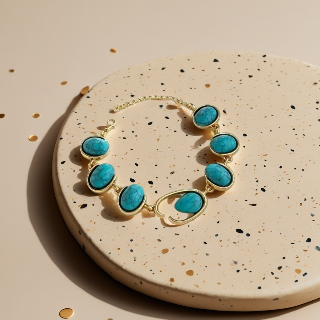 A still life photo display of a golden turquoise bracelet and a white plate Specification image