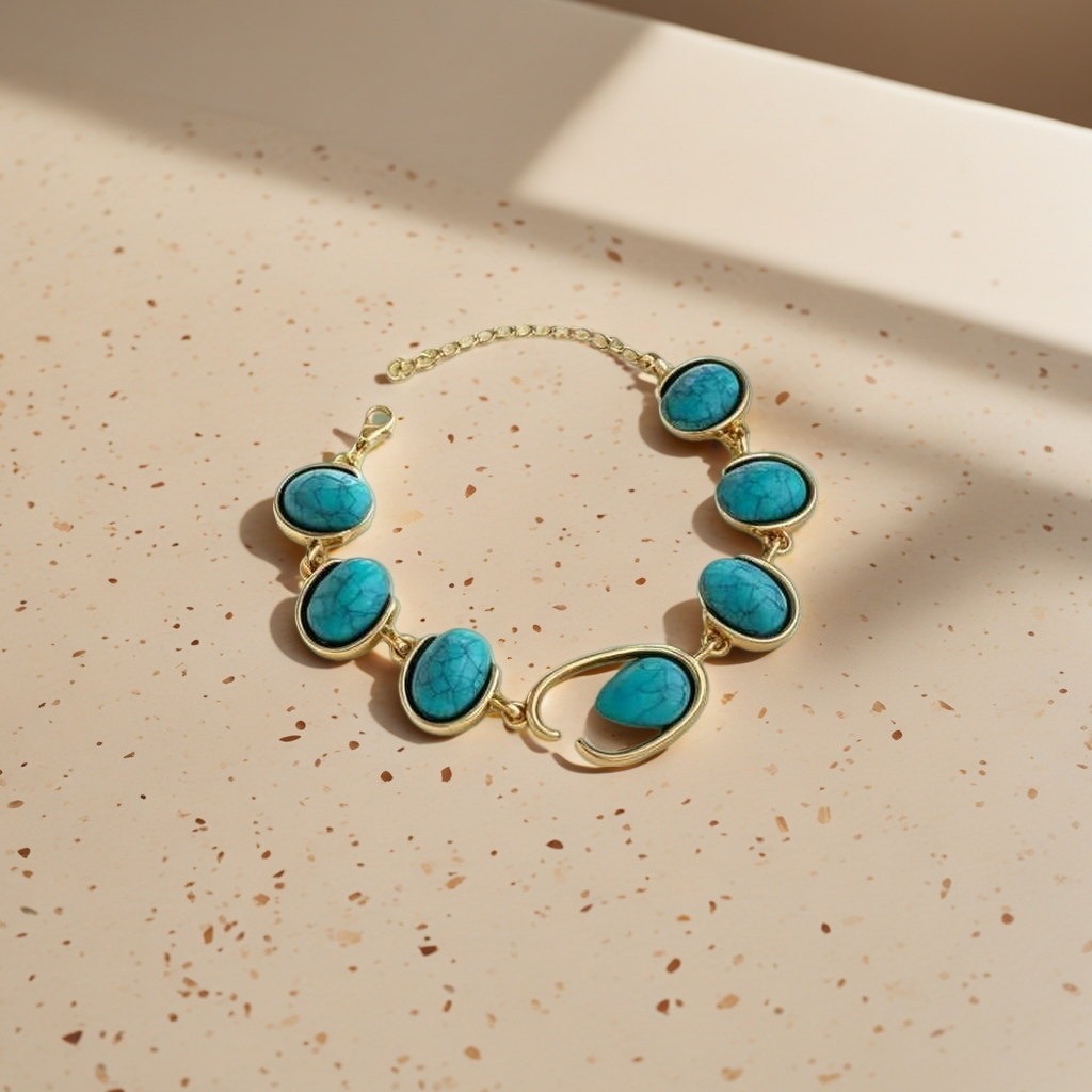 A still life photo display of a golden turquoise bracelet and a white plate details Picture