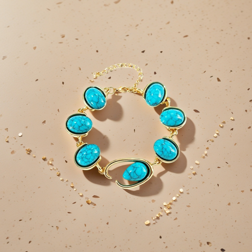 A gold bracelet set with blue-green cracked gemstones, a fashionable and light luxury accessory for women details Picture