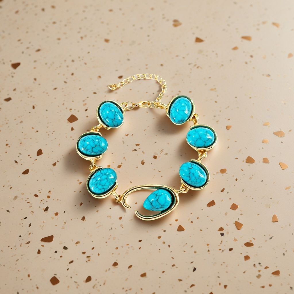 A gold bracelet set with blue-green cracked gemstones, a fashionable and light luxury accessory for women