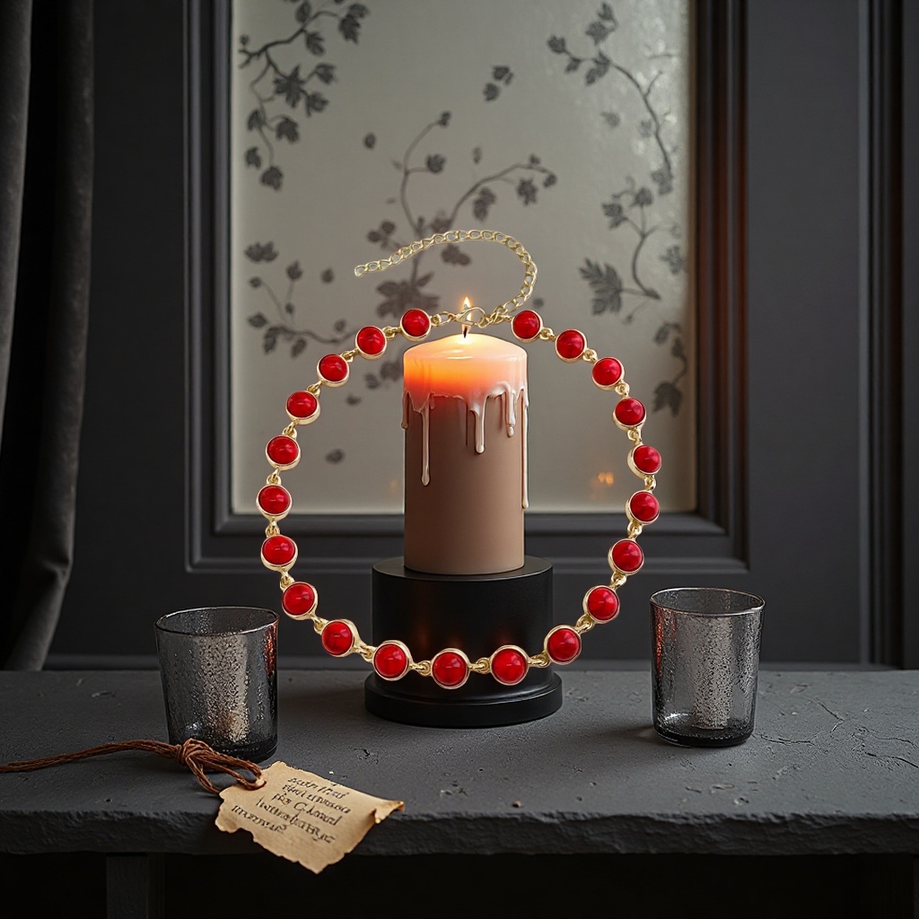 A fashionable, simple and versatile accessory with golden chain links and red round beads Specification image