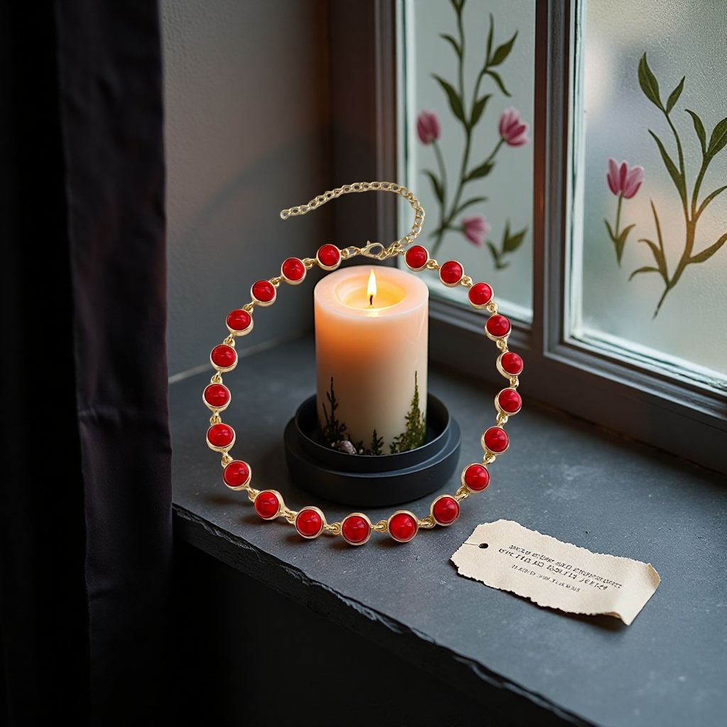 A fashionable, simple and versatile accessory with golden chain links and red round beads Application Scenario