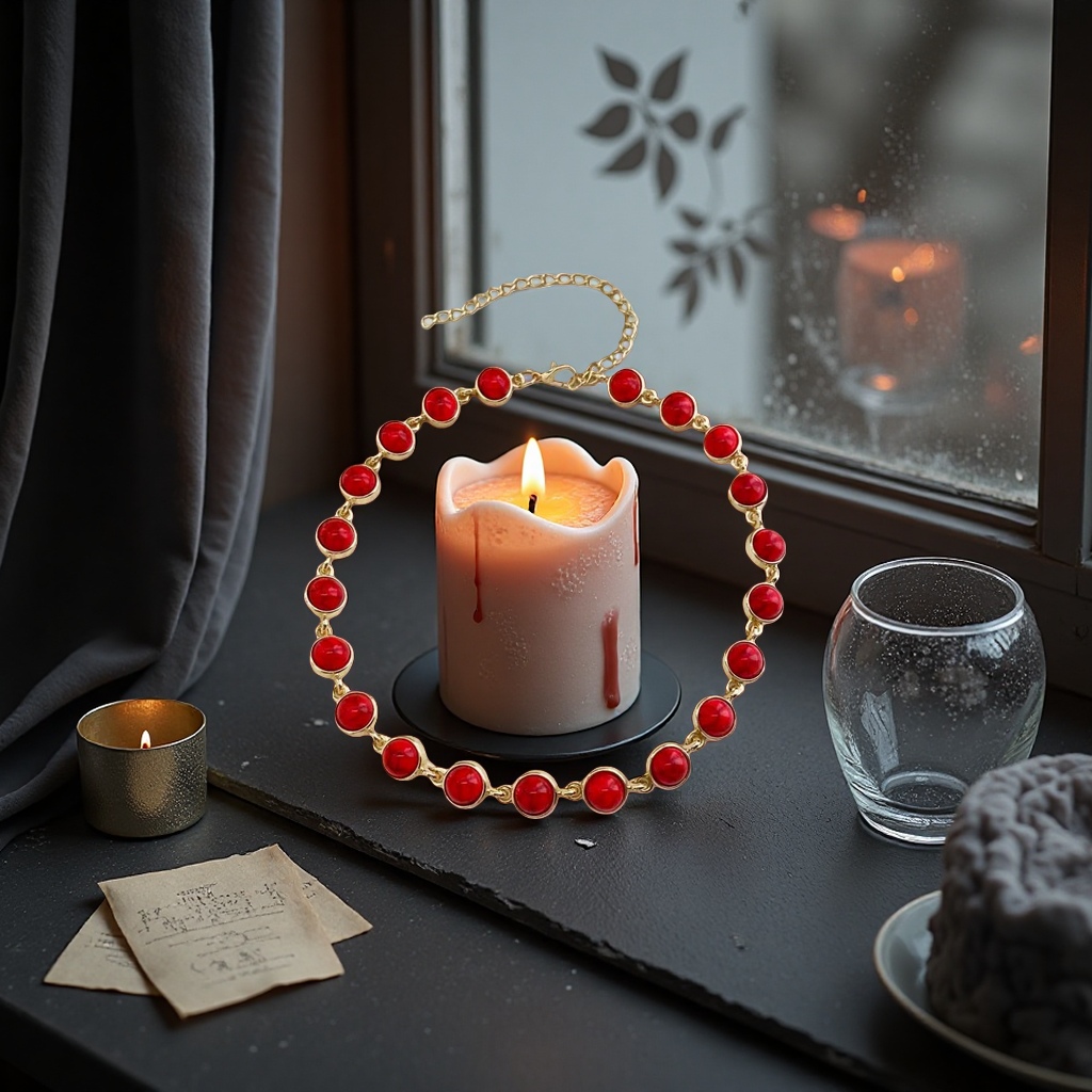 A fashionable, simple and versatile accessory with golden chain links and red round beads details Picture