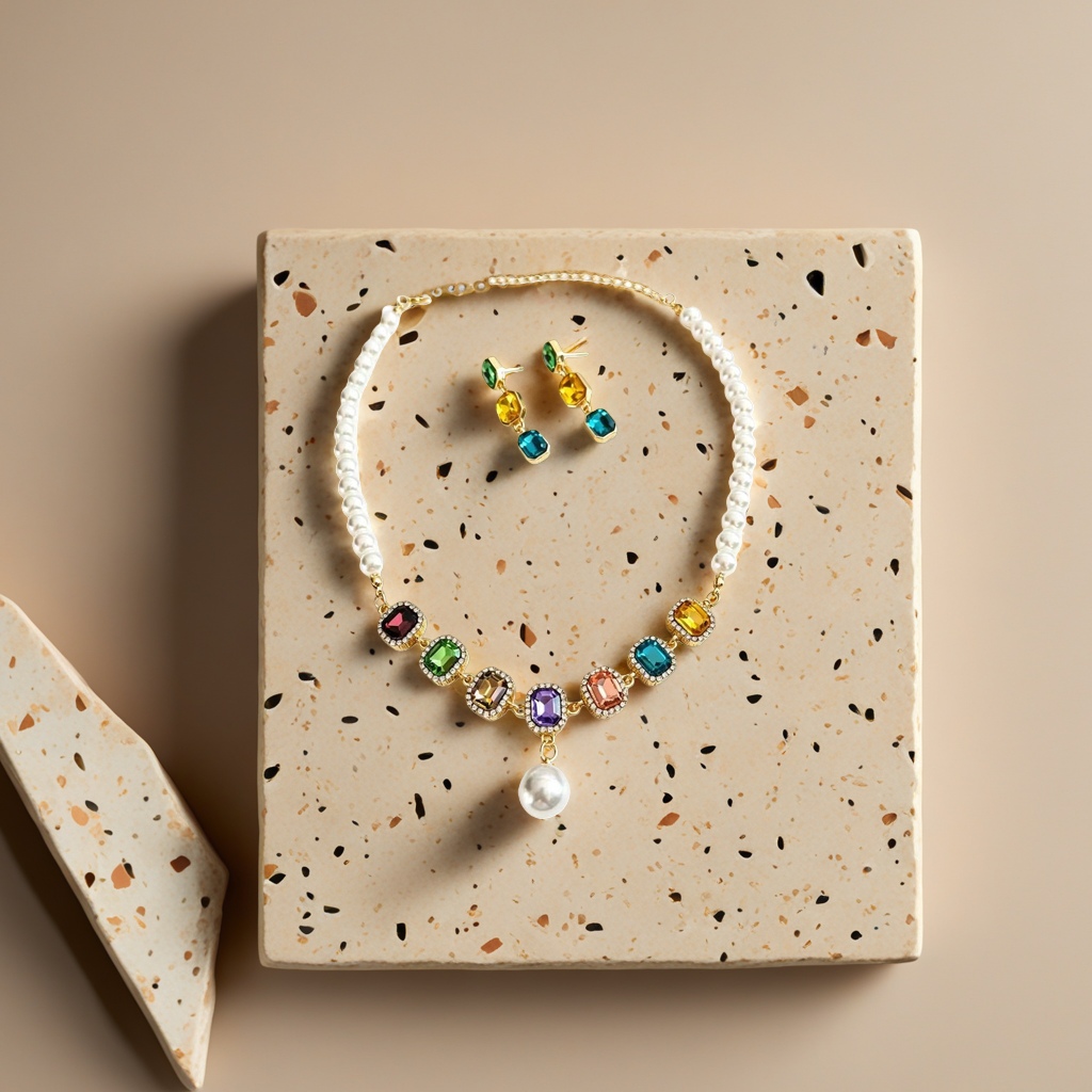 A pearl necklace with colored gemstone earrings set of fashionable and elegant accessories for women details Picture