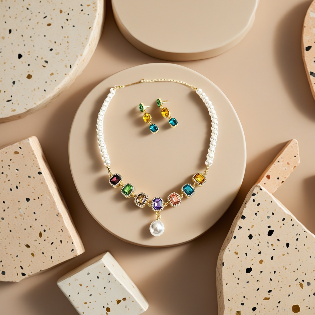 A pearl necklace with colored gemstone earrings set of fashionable and elegant accessories for women Specification image