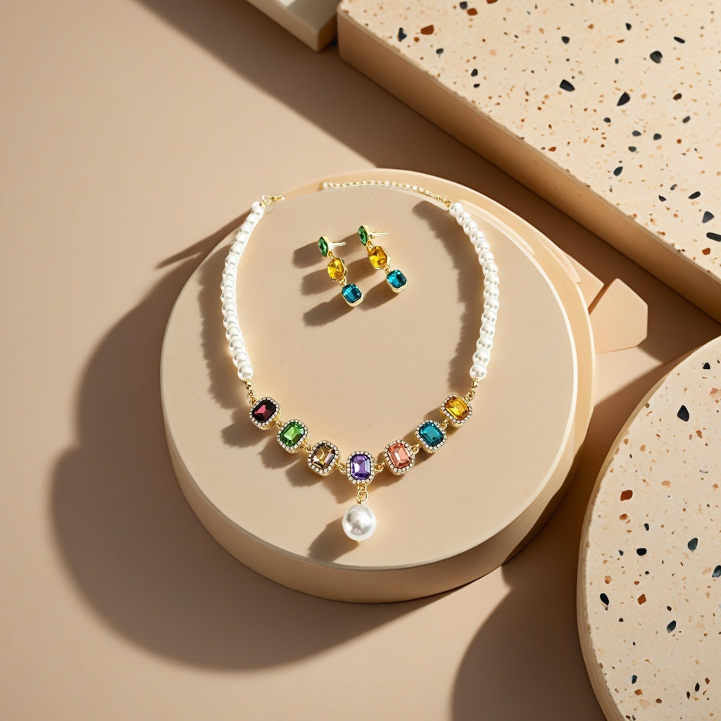 A pearl necklace with colored gemstone earrings set of fashionable and elegant accessories for women Application Scenario
