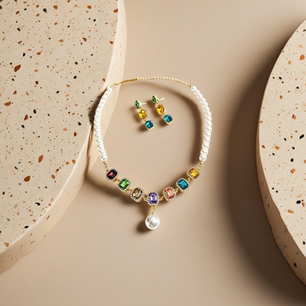 A pearl necklace with colored gemstone earrings set of fashionable and elegant accessories for women