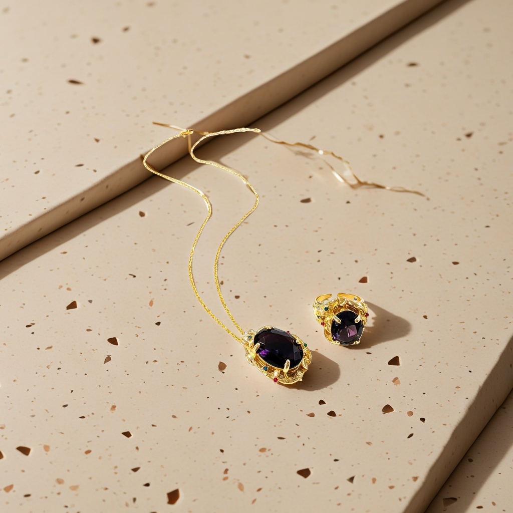 Gold necklace and ring set, deep purple oval main stone, red, green and blue colored diamonds, carved gold jewelry Specification image