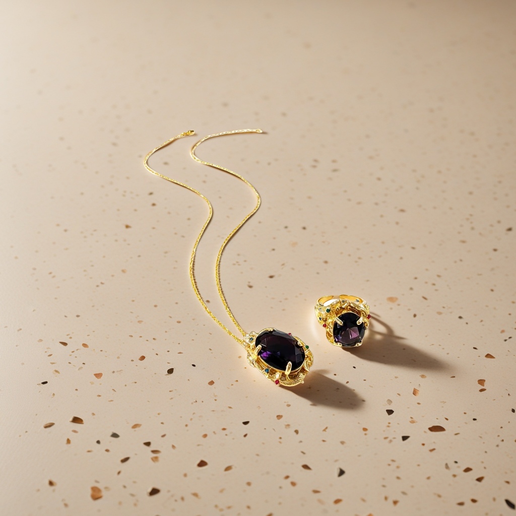 Gold necklace and ring set, deep purple oval main stone, red, green and blue colored diamonds, carved gold jewelry