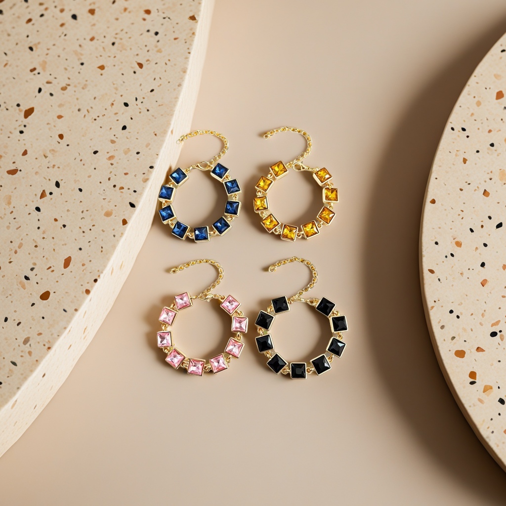 Golden chain square gemstone bracelet with four-color round beads in blue, yellow, pink and black