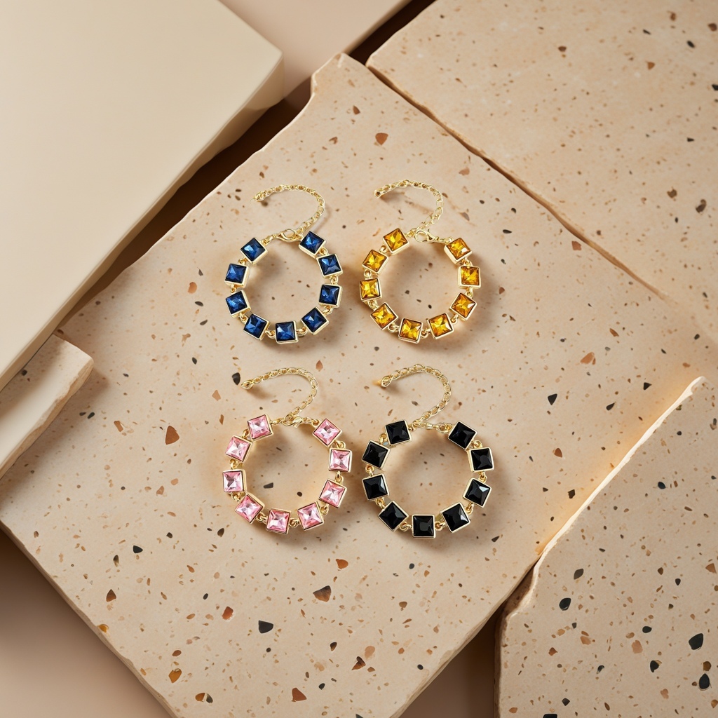 Golden chain square gemstone bracelet with four-color round beads in blue, yellow, pink and black details Picture