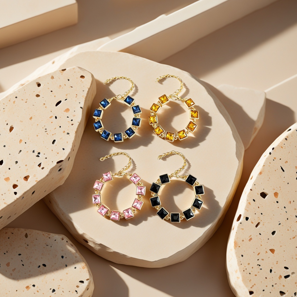 Golden chain square gemstone bracelet with four-color round beads in blue, yellow, pink and black Application Scenario