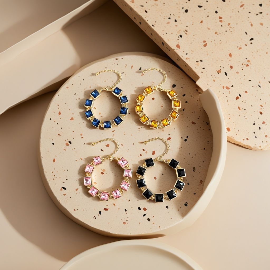 Golden chain square gemstone bracelet with four-color round beads in blue, yellow, pink and black Specification image