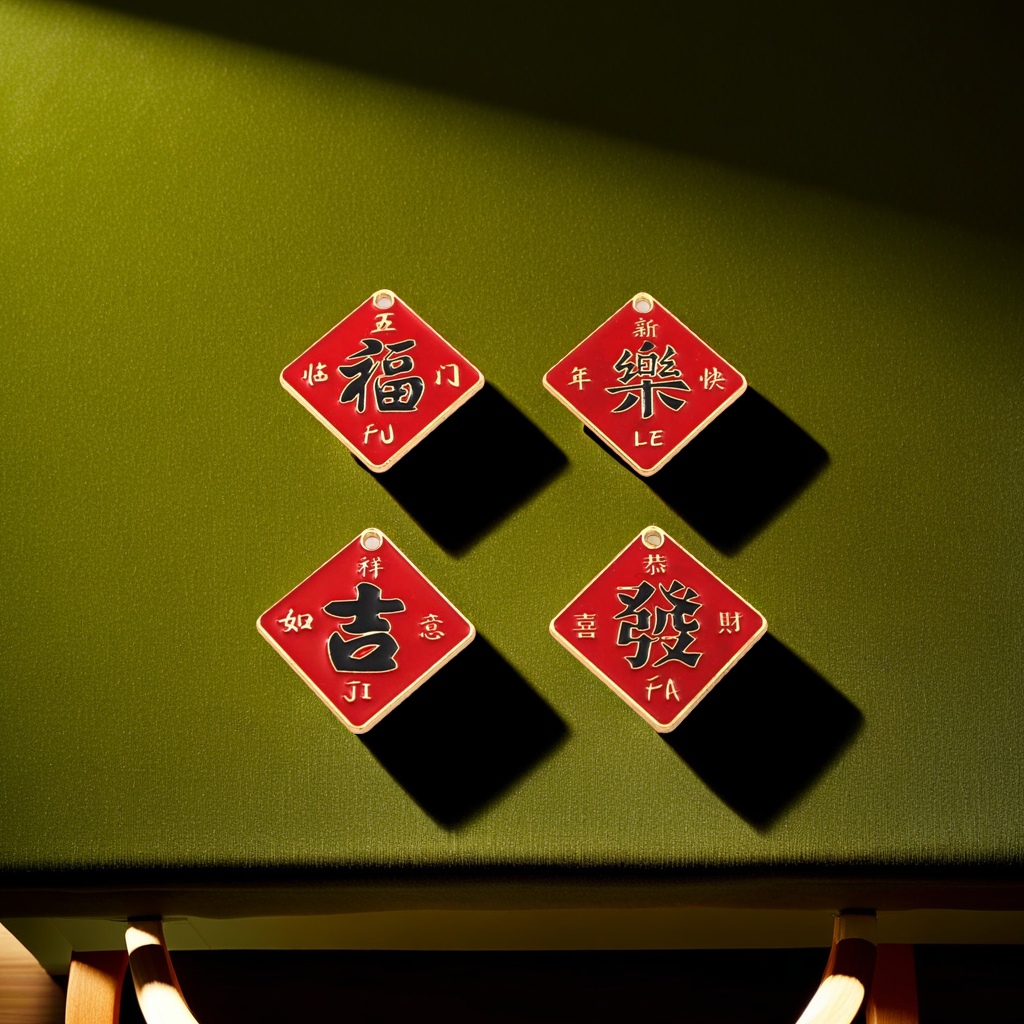 A red diamond-shaped tag with a golden border, black characters and a red background, featuring the auspicious Chinese pinyin of "Fu Le Ji Fa" Application Scenario
