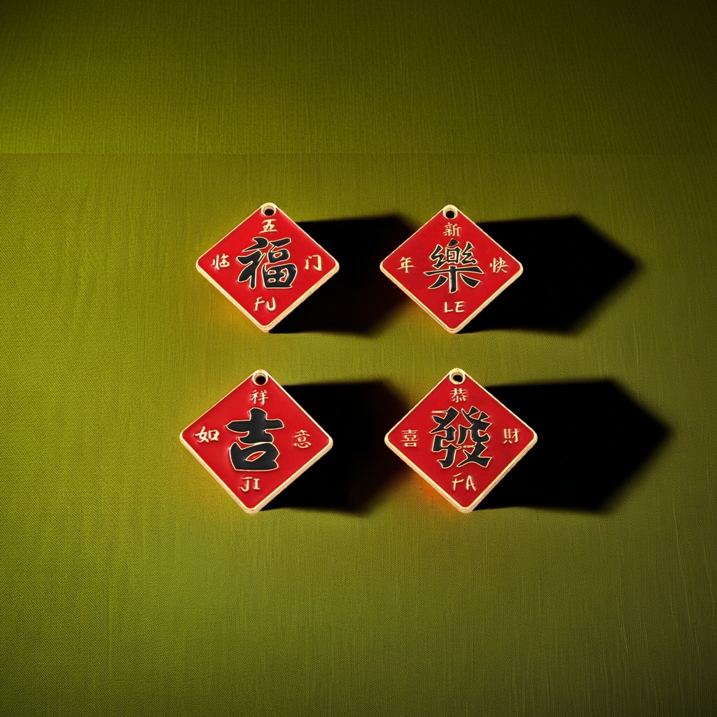 A red diamond-shaped tag with a golden border, black characters and a red background, featuring the auspicious Chinese pinyin of "Fu Le Ji Fa" Specification image