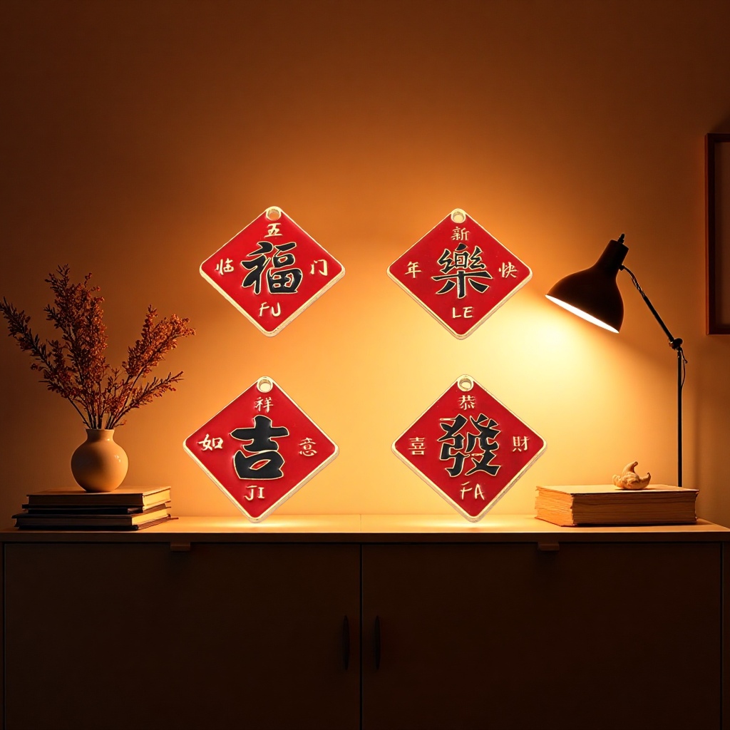 A red diamond-shaped tag with a golden border, black characters and a red background, featuring the auspicious Chinese pinyin of "Fu Le Ji Fa"